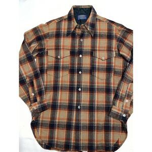 Pendleton Vintage Wool Flannel Shirt Mens 15.5/M Plaid Orange Tan Black USA Made